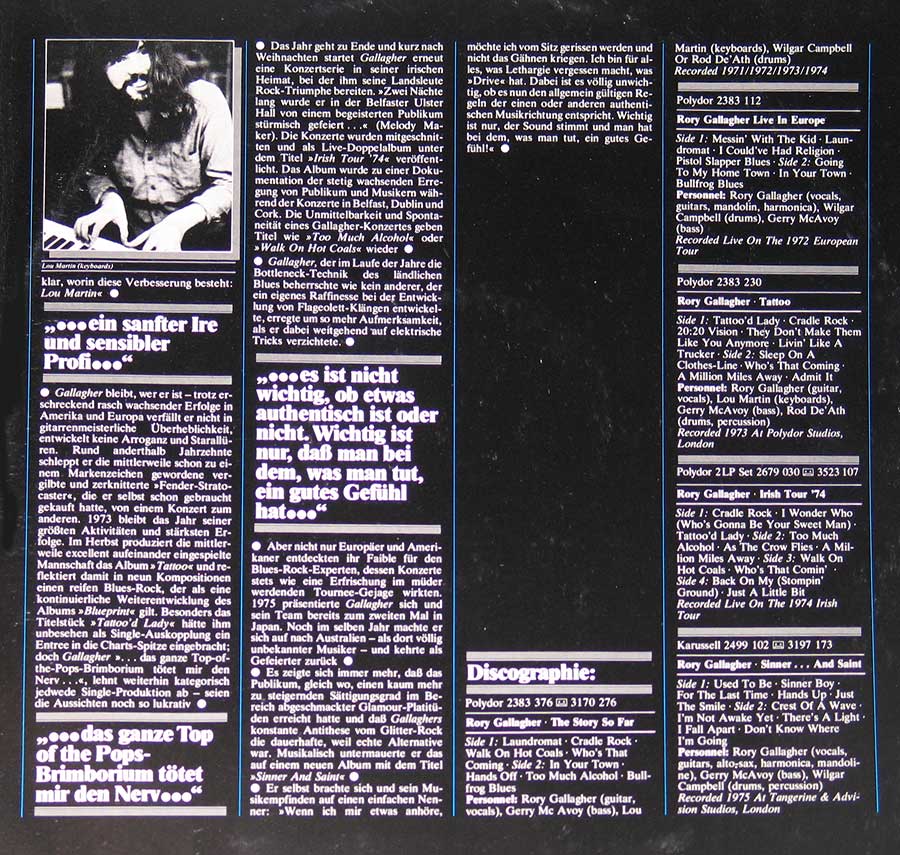 RORY GALLAGHER - The Story of Rory Gallagher 12" VINYL LP ALBUM inner gatefold cover