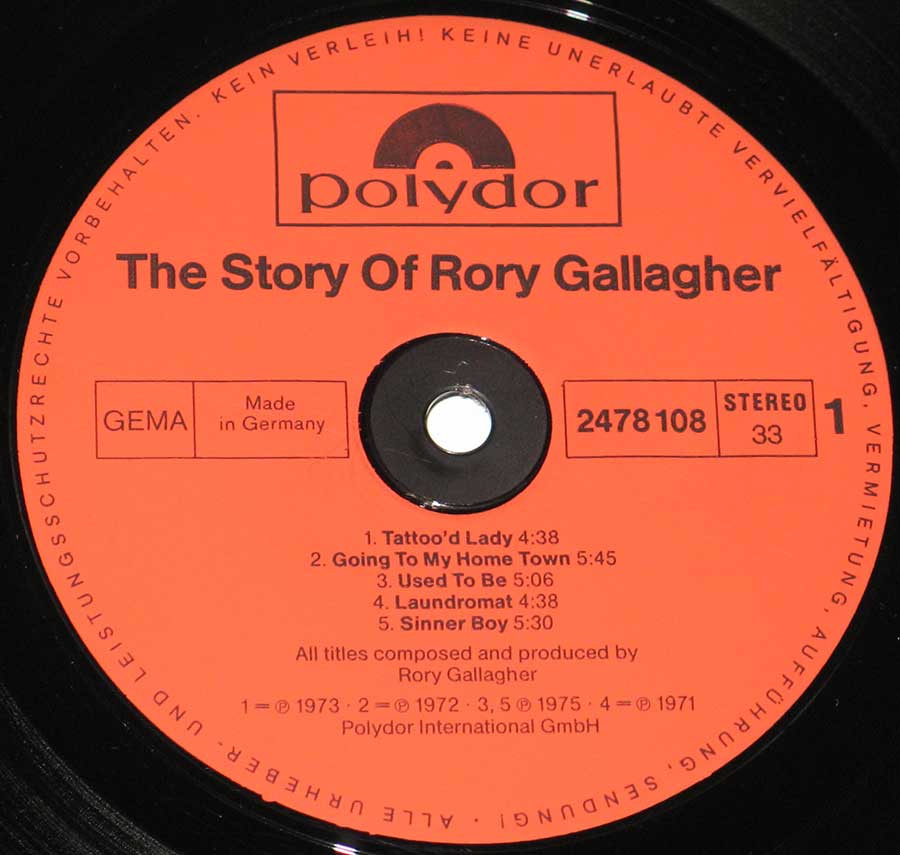 RORY GALLAGHER - The Story of Rory Gallagher 12" VINYL LP ALBUM enlarged record label