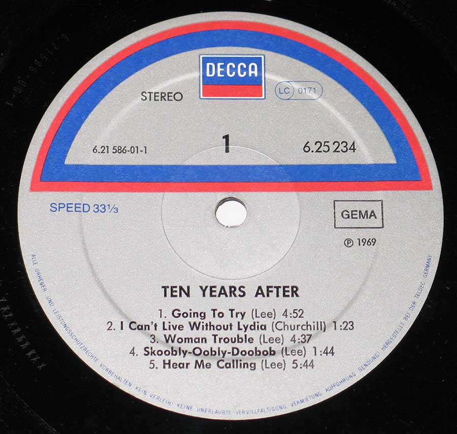 Close up of record's label TEN YEARS AFTER - Weisse Serie White Series Decca Side One