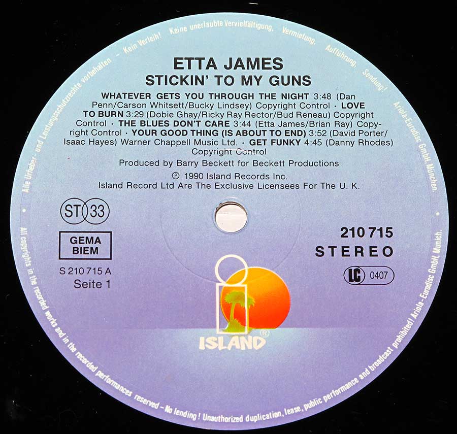 Close up of Side One record's label ETTA JAMES - Stickin' To My Guns 12" Vinyl LP Album