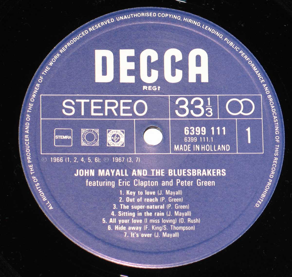 Photo of record label of John Mayall & The Bluesbreakers Featuring Eric Clapton & Peter Green 