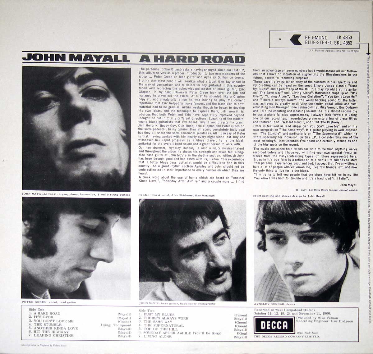 Photo of album back cover John Mayall & The Blues Breakers - A Hard Road With Peter Green 