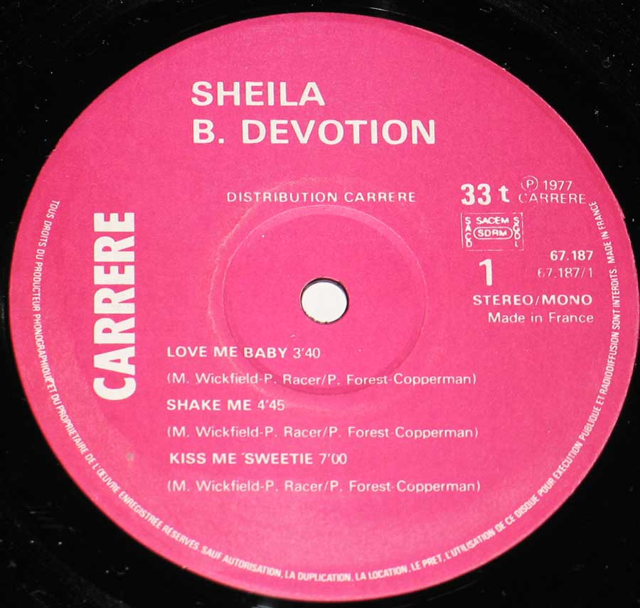 Close up of record's label SHEILA B. DEVOTION - Singin' In The Rain Side One