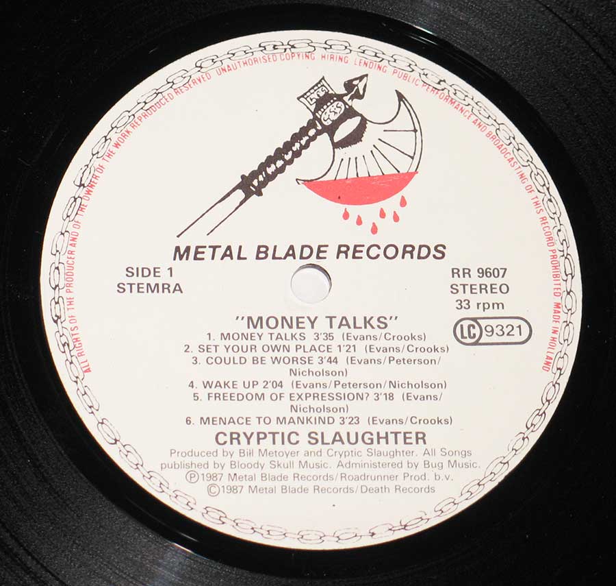High Resolution Photo of the enlarged label CRYPTIC SLAUGHTER - Money Talks https://vinyl-records.nl
