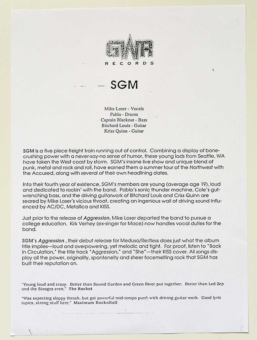 GWR Records Insert with background information on the SGM band and their album "Aggression"