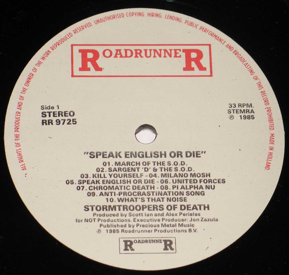 Enlarged High Resolution Photo of the Record's label SOD - Speak English Die https://vinyl-records.nl