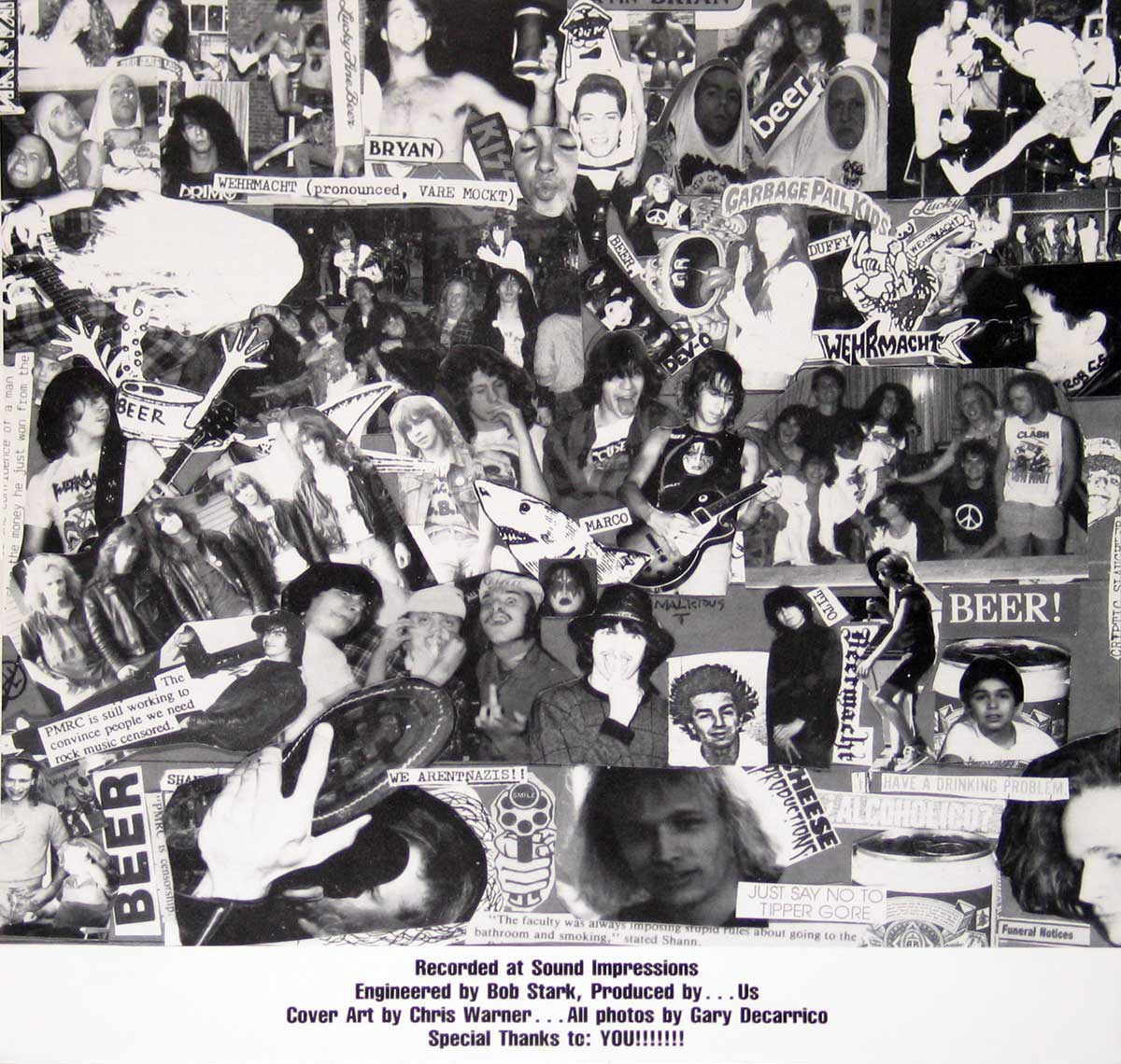 Collage of black and white photos of Wehrmacht band-members on the album custom inner sleeve   