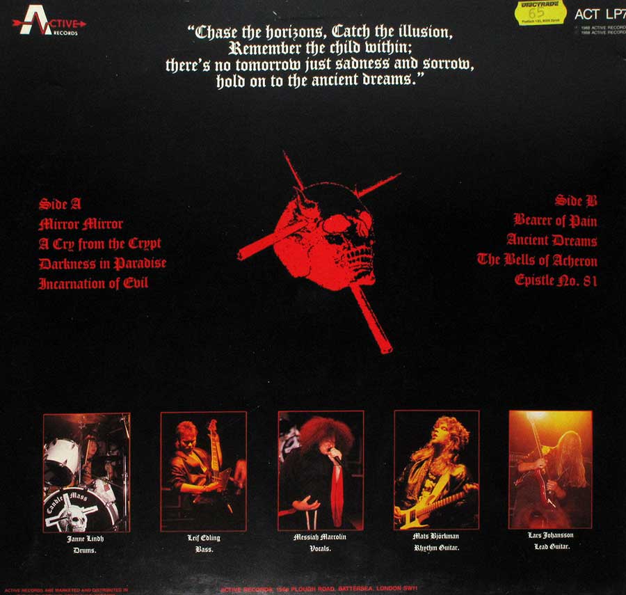 CANDLEMASS - Ancient Dreams Autographed With Lyrics Insert 12" Vinyl LP Album back cover
