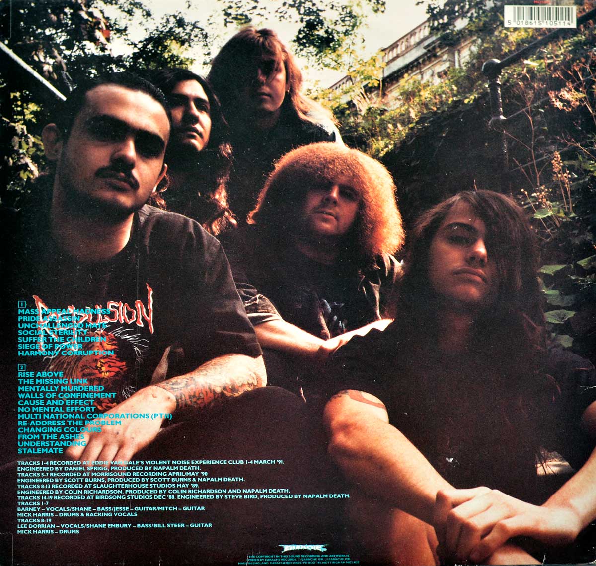Photo Of The 5 Napalm Death Band-Members On The Album Back Cover Of "Napalm Death Death By Manipulation"