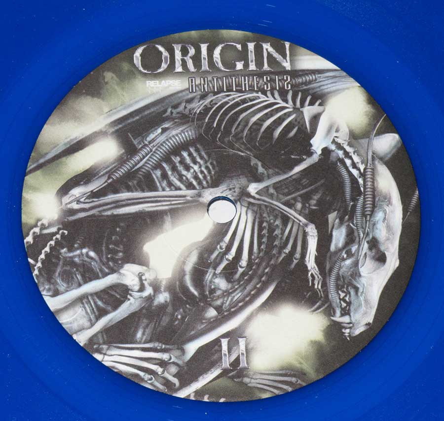 Close up of Side One record's label ORIGIN - Antithesis Blue Vinyl Death Metal 12" LP Album