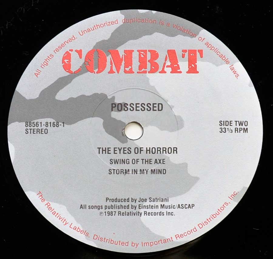 Side Two Close up of record's label POSSESSED - The Eyes of Horror USA Combat 12" Vinyl LP Album 
