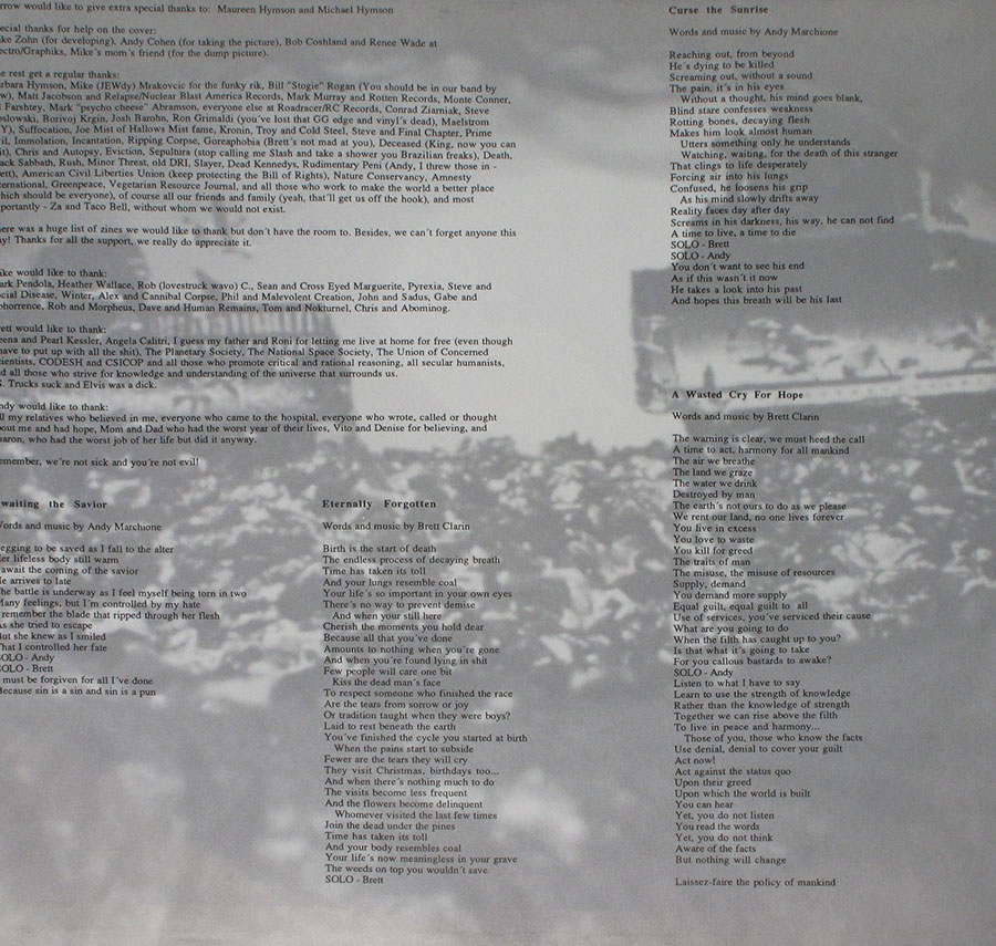 SORROW - Forgotten Sunrise Lyrics Sleeve 12" Vinyl EP custom inner sleeve