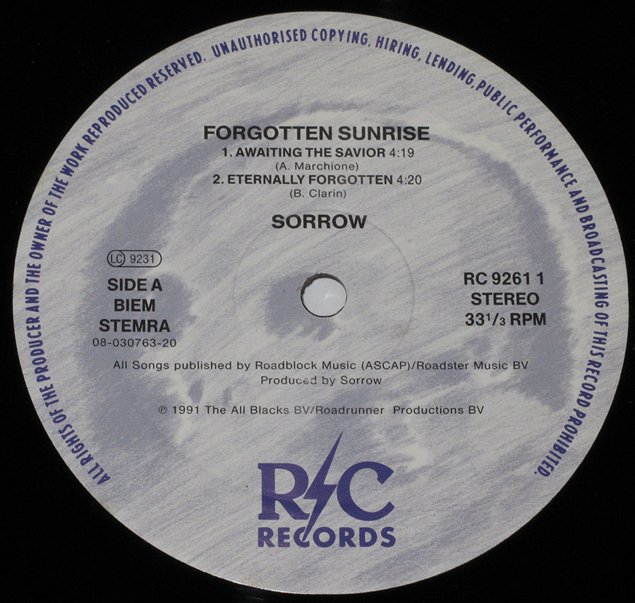 "Forgotten Sunrise" Record Label Details: R/C Records / Roadblock Music / Roadstar Music / The All Blacks BV / Roadrunner Productions BV 
