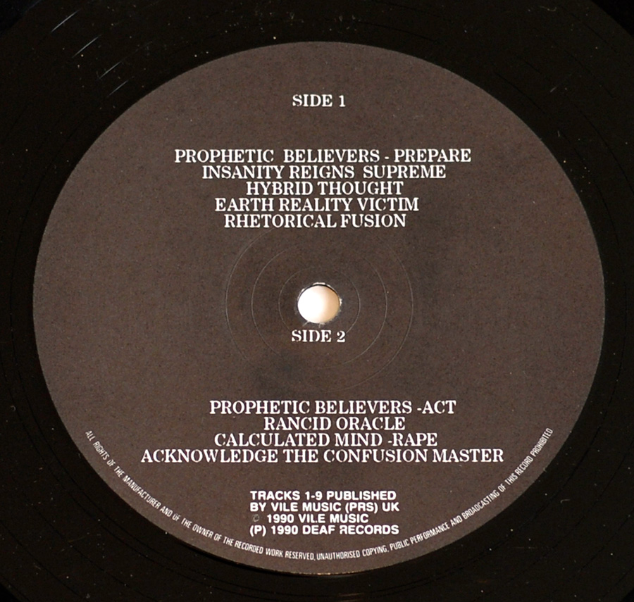 Close up of record's label PROPHECY OF DOOM - Acknowledge The Confusion Master Deaf Records 12" LP ALBUM VINYL  Side Two