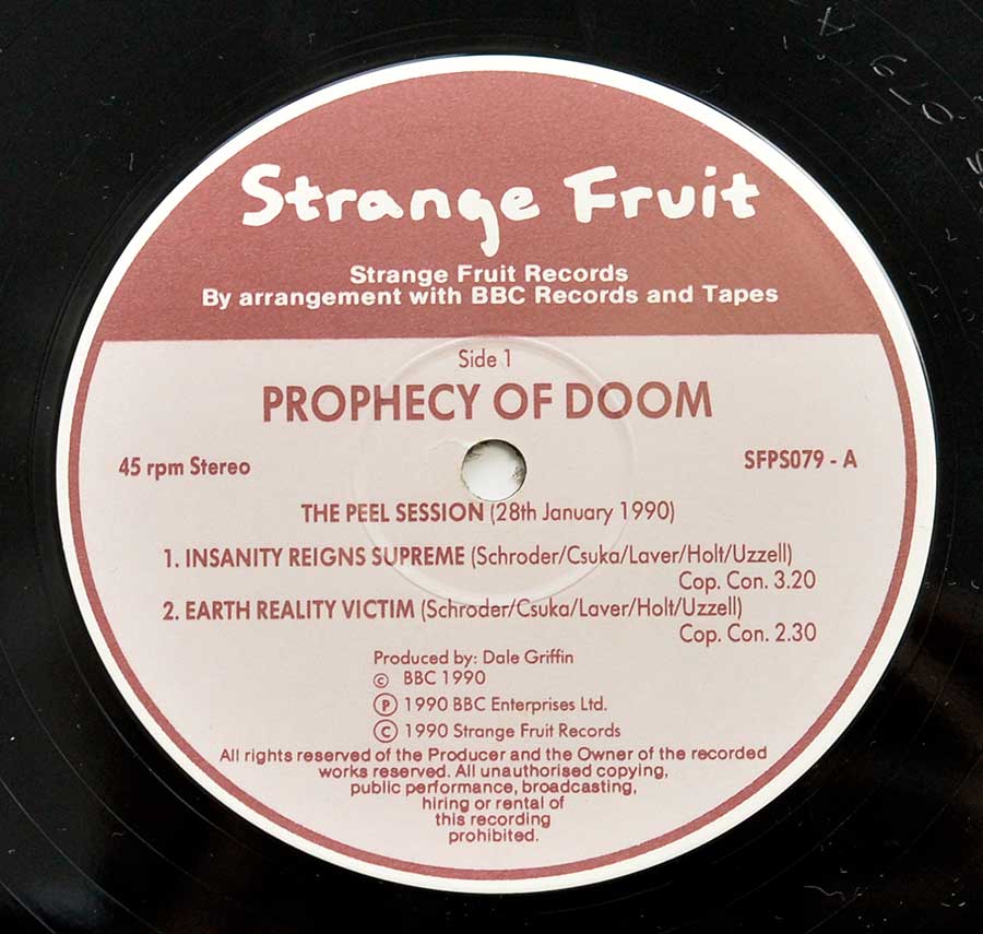 Close up of record's label PROPHECY OF DOOM - The Peel Sessions (1990,UK) NWOBHM 12" LP ALBUM VINYL Side One