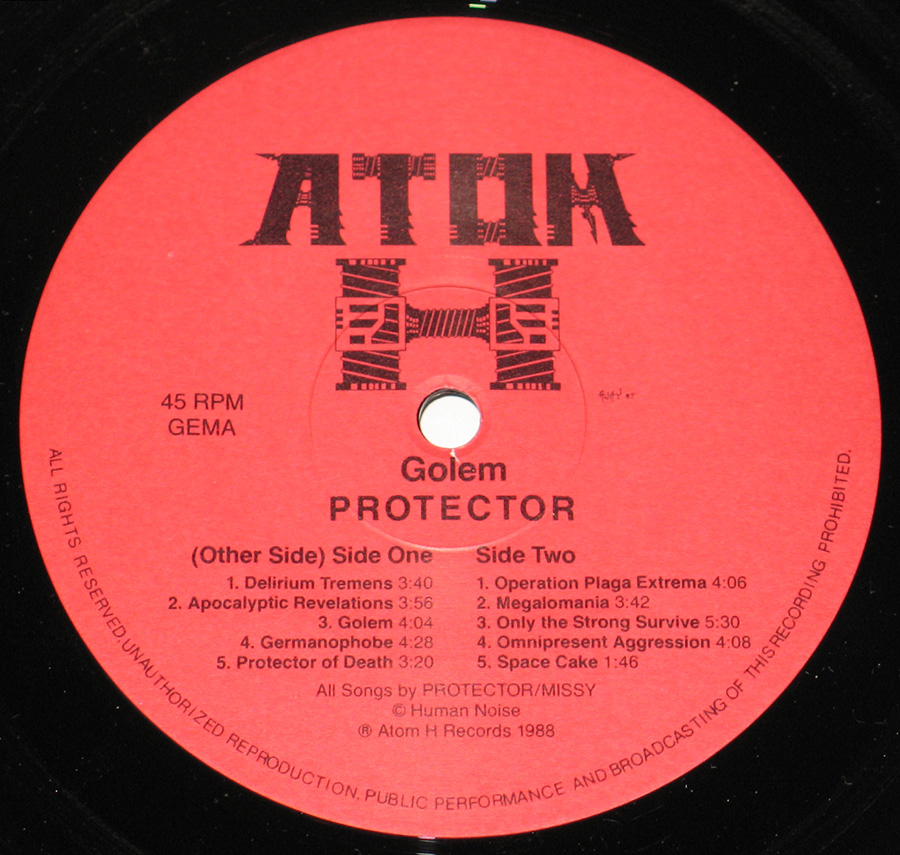 Close up of record's label PROTECTOR - Golem Atom Records 12" Vinyl LP Album Side Two