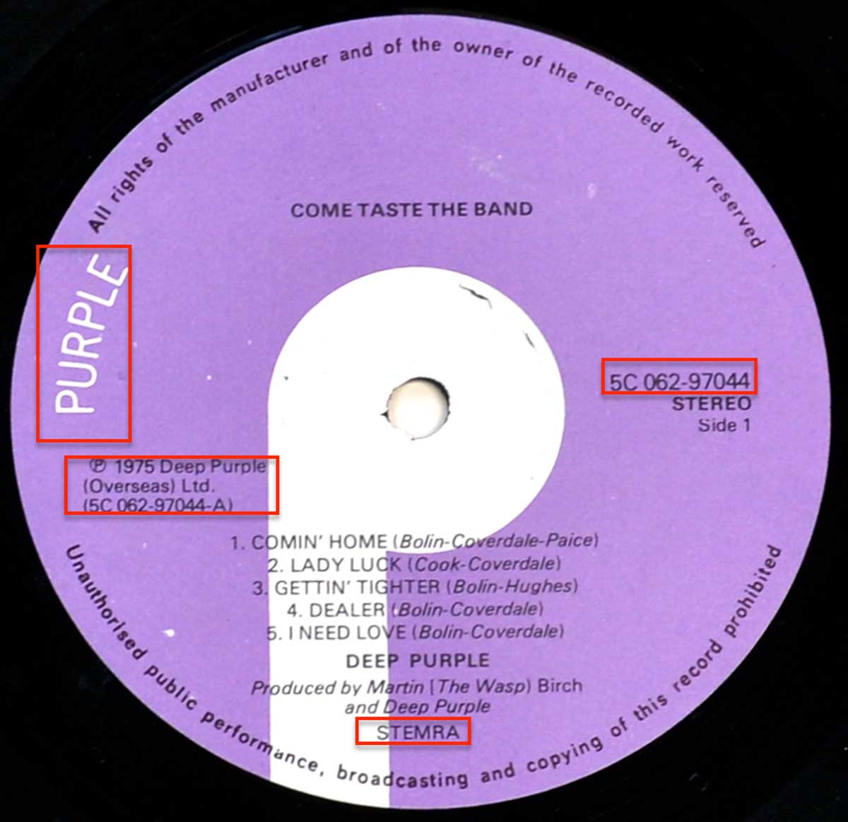 Enlarged High Resolution Photo of the Record's label DEEP PURPLE - Come Taste The Band ( Netherlands ) https://vinyl-records.nl