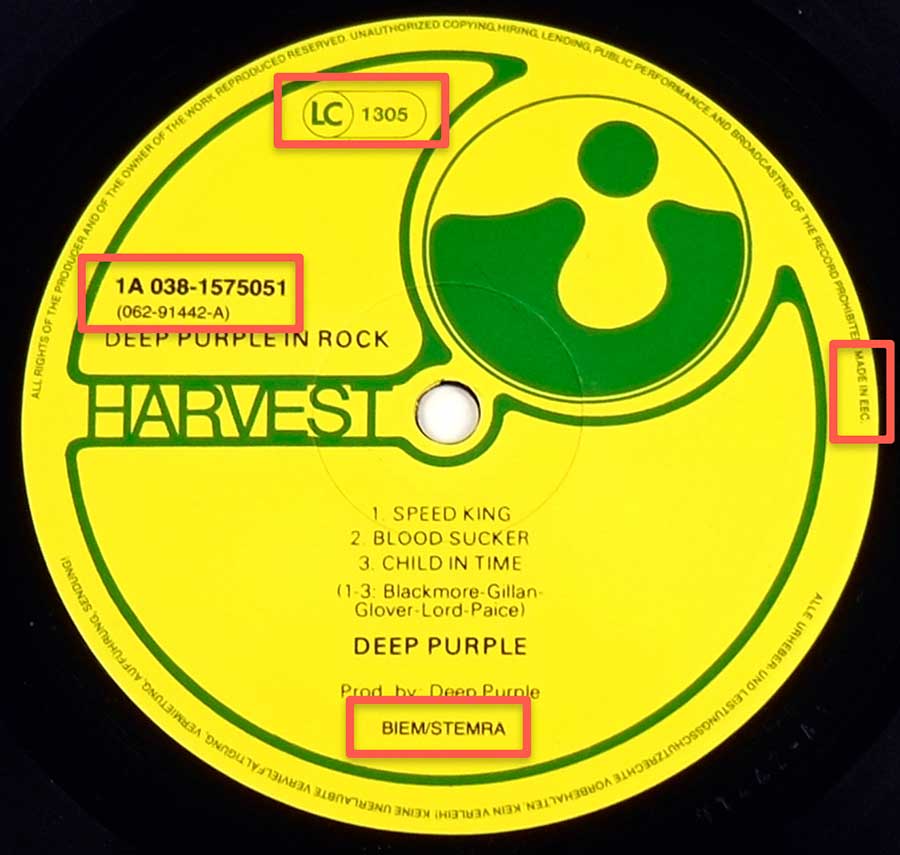 Close up of record's label DEEP PURPLE - In Rock Fame Netherlands 12" LP Album Vinyl Side One