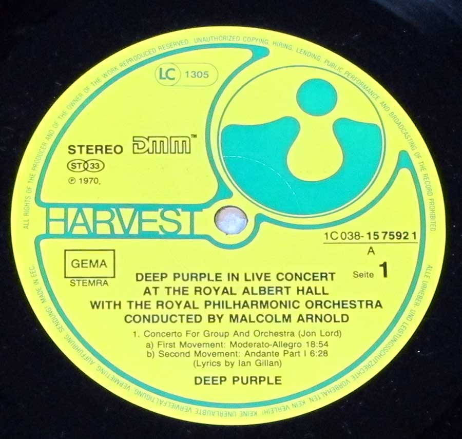 Close-up photo of the Yellow and Green Harvest Record Label