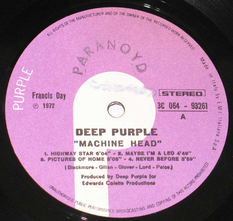 DEEP PURPLE Machine Head Gatefold  enlarged record label