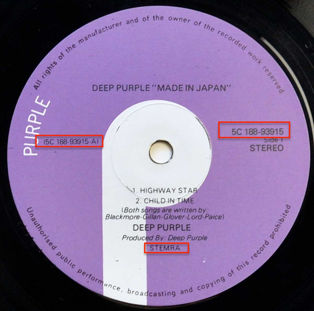 Enlarged High Resolution Photo of the Record's label DEEP PURPLE - Made in Japan (Netherlands) https://vinyl-records.nl
