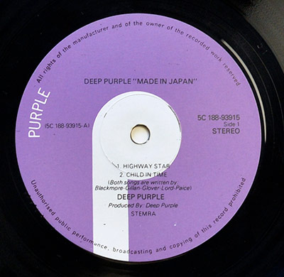 Label of Deep Purple – Made in Japan (Netherlands Purple Records STEMRA pressing)
