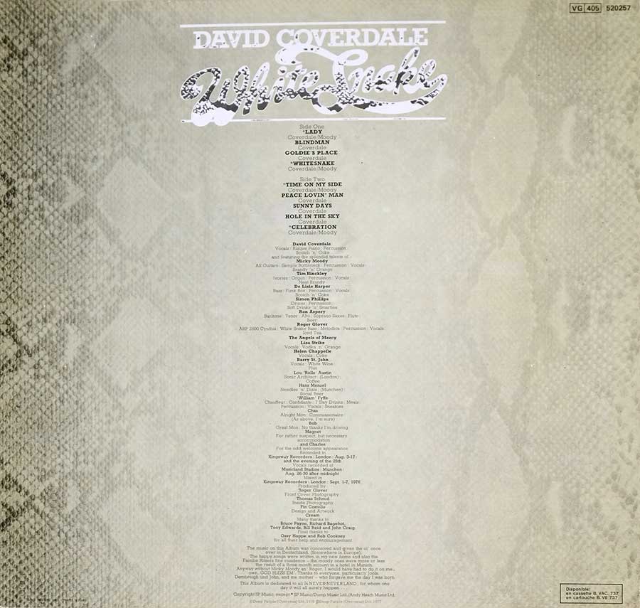 Photo of album back cover DAVID COVERDALE - Whitesnake 12" LP Vinyl Album