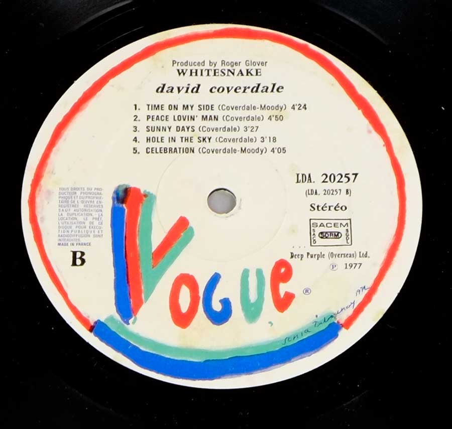 Close up of record's label DAVID COVERDALE - Whitesnake 12" LP Vinyl Album Side Two