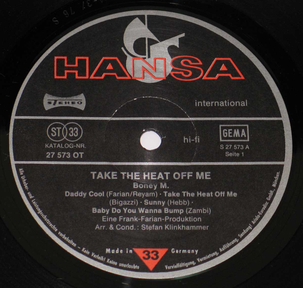   Close-up Photo of  "Take The Heat Off Me" Record Label  
