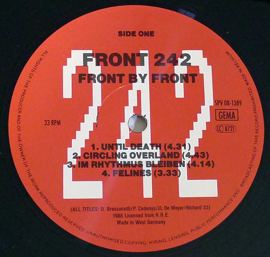 Close up of "Front by Front" Record Label Details: Animalized SPV 08-1389  
