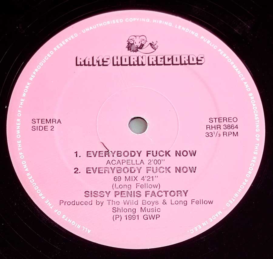 Side Two Close up of record's label SISSY PUSSY FACTORY - Everybody Fuck Now 12" MAXI VINYL