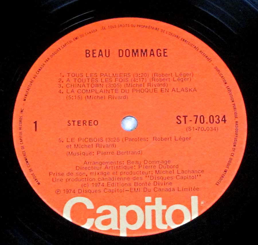 "Beau Dommage" Orange Colour Capitol Record Label Details: CAPITOL ST-70 034 