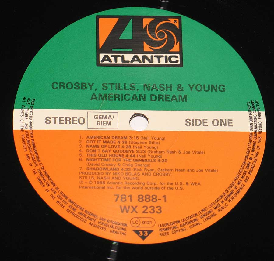 Close up of record's label Crosby, Stills, Nash and Young - American Dream 12" Vinyl LP Album  Side One