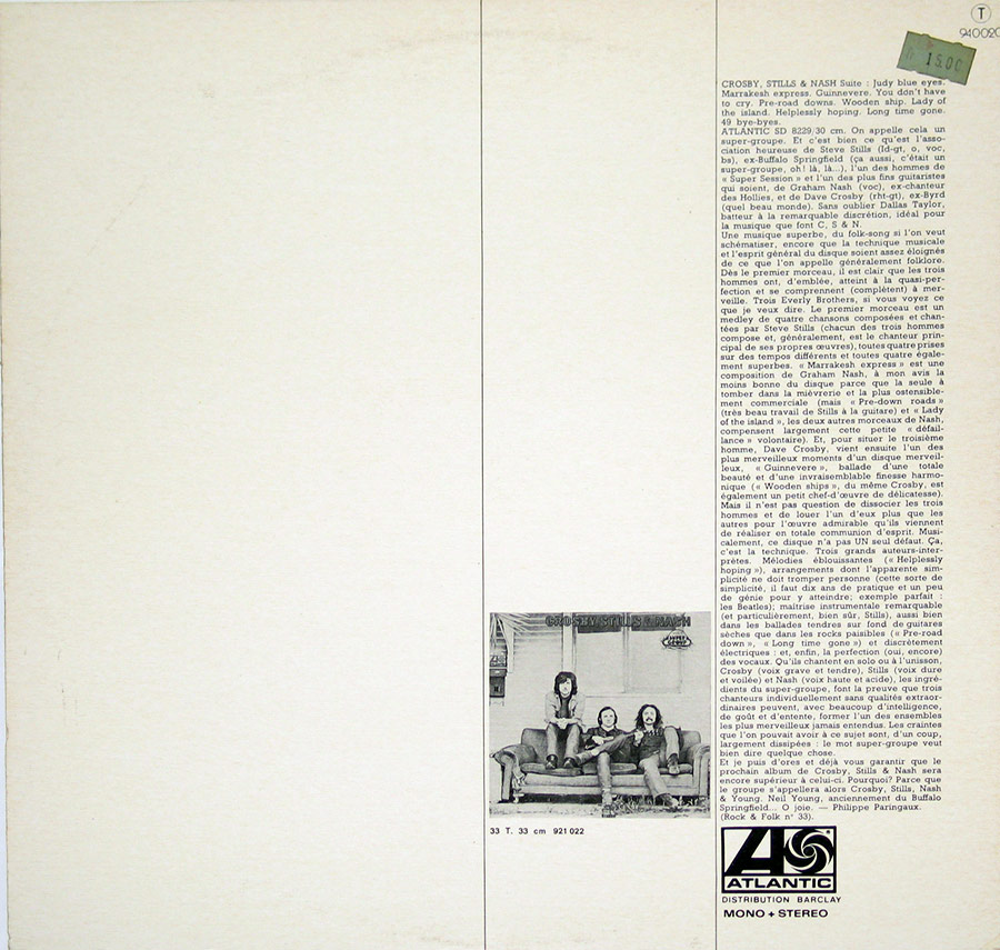 CROSBY STILLS NASH & YOUNG - Deja Vu White Album Cover 12" Vinyl LP  back cover