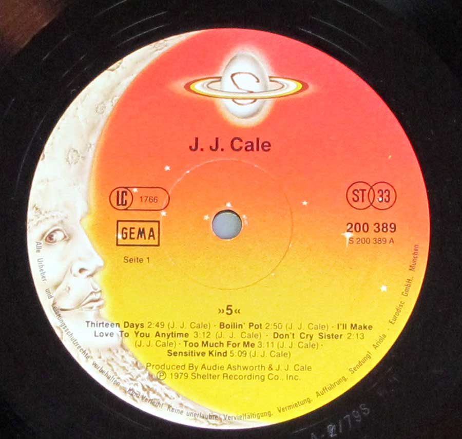 Close up of record's label J.J. CALE - 5 V  12" LP Vinyl Album Side One