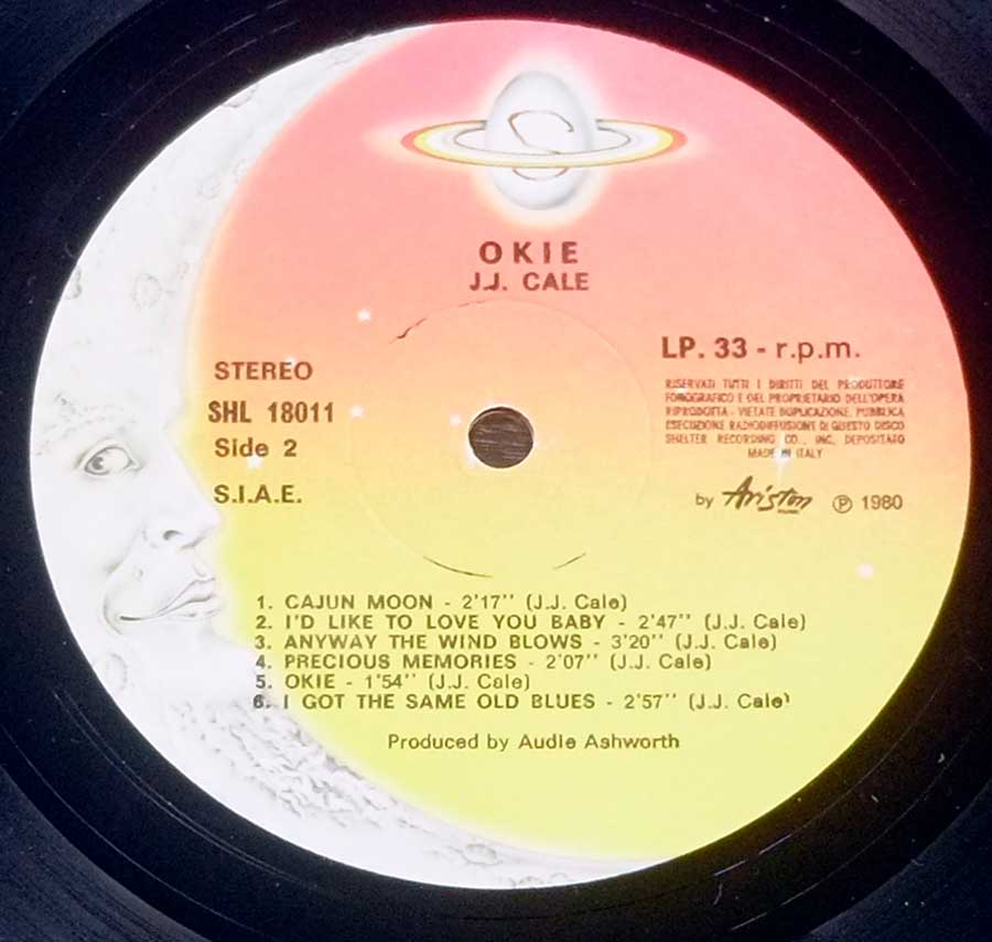 Side Two Close up of record's label J.J. CALE - OKIE Italian Release 12" LP VINYL