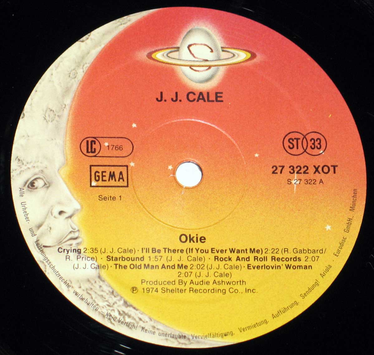 Close-up of the Shelter Record Label of J.J.Cale - Okie 