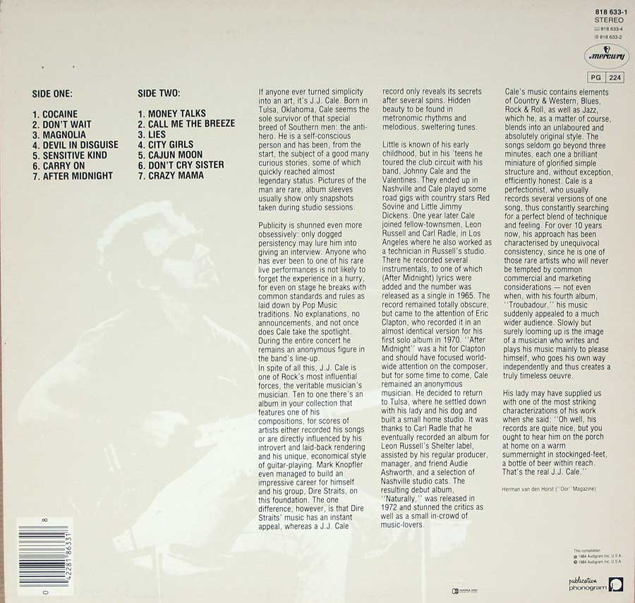 J.J. CALE Special Edition 12" LP Vinyl Album album back cover