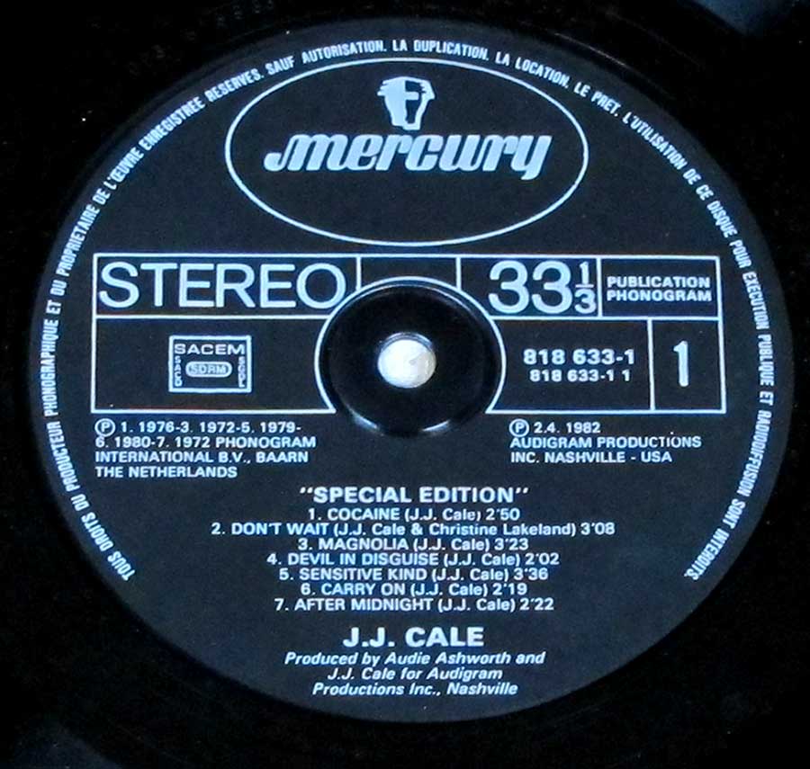 J.J. CALE Special Edition 12" LP Vinyl Album enlarged record label