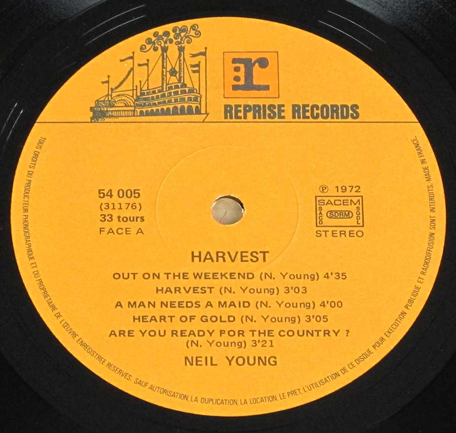 NEIL YOUNG - Harvest France Gatefold + Lyrics Leaflet 12" LP Vinyl Album enlarged record label