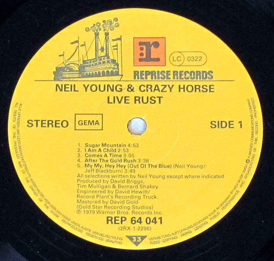 Close up of record's label NEIL YOUNG & CRAZY HORSE - Live Rust 2LP Gatefold Side One