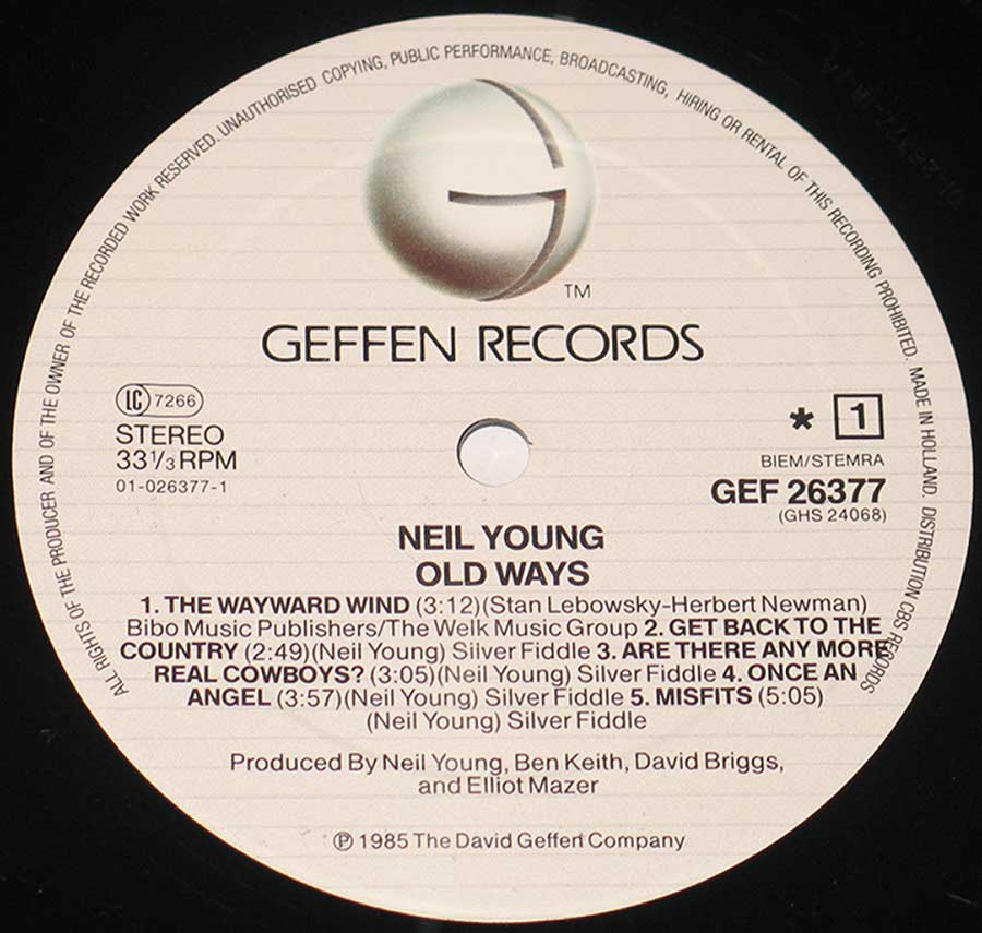 Close up of record's label NEIL YOUNG - Old Ways 12" Vinyl LP Side One