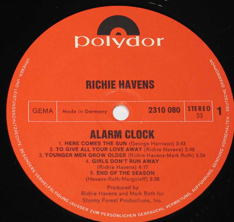 "ALARM CLOCK by Richie Havens" Record Label Details: Polydor 2310 080 