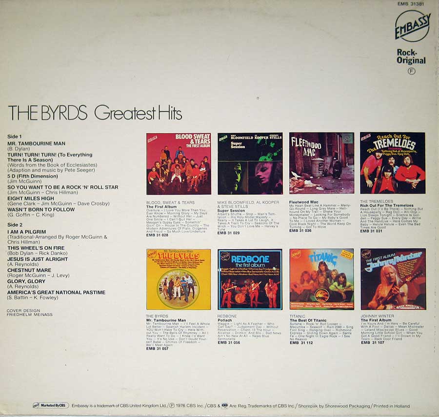 THE BYRDS - Greatest Hits Embassy EMB 3138 12" Vinyl LP Album  album back cover