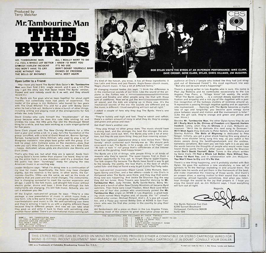 Photo of album back cover THE BYRDS - Mr Tambourine Man England 1ST Pressing 12" Vinyl LP Album 