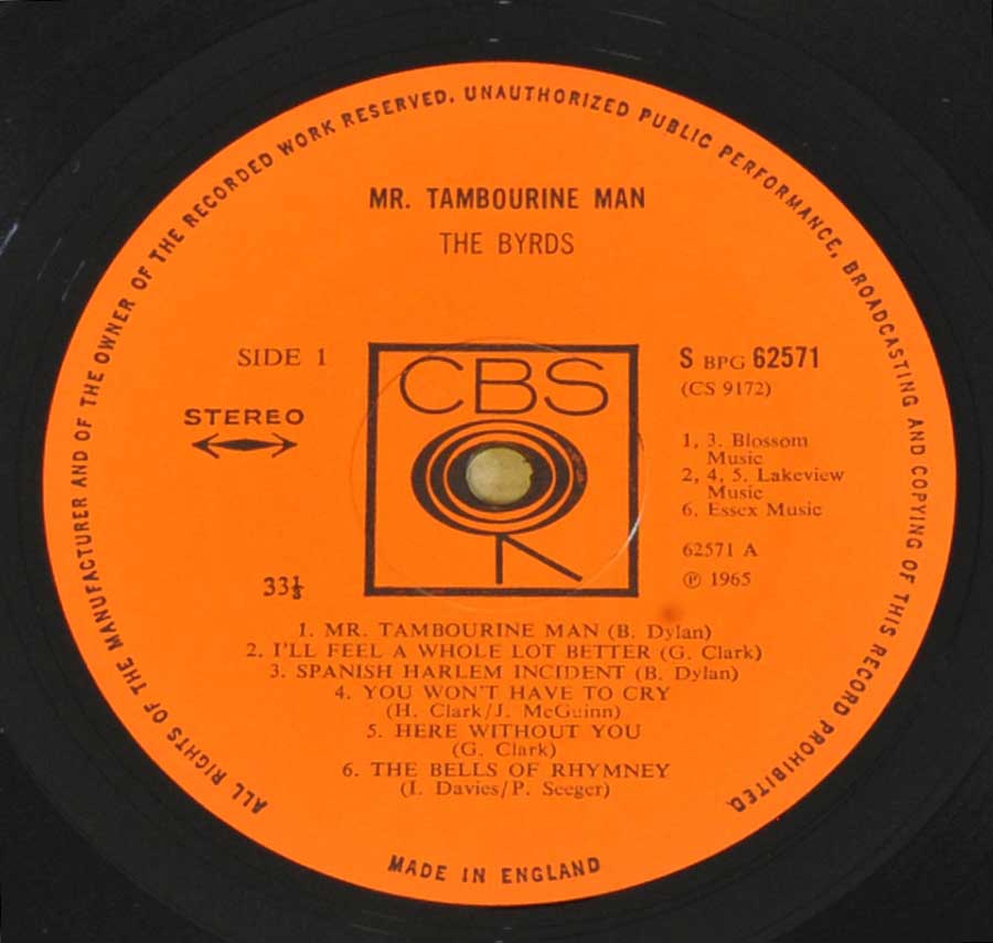 Close up of record's label THE BYRDS - Mr Tambourine Man England 1ST Pressing 12" Vinyl LP Album  Side One