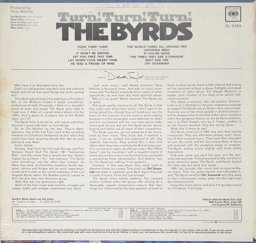 BYRDS - Turn Turn Turn MONO release 12" Vinyl LP Album  back cover