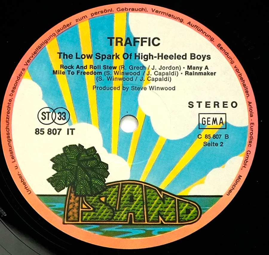 Side Two Close up of record's label TRAFFIC - Low Spark Of High Heeled Boys Die-Cut Cover 12" LP ALBUM VINYL