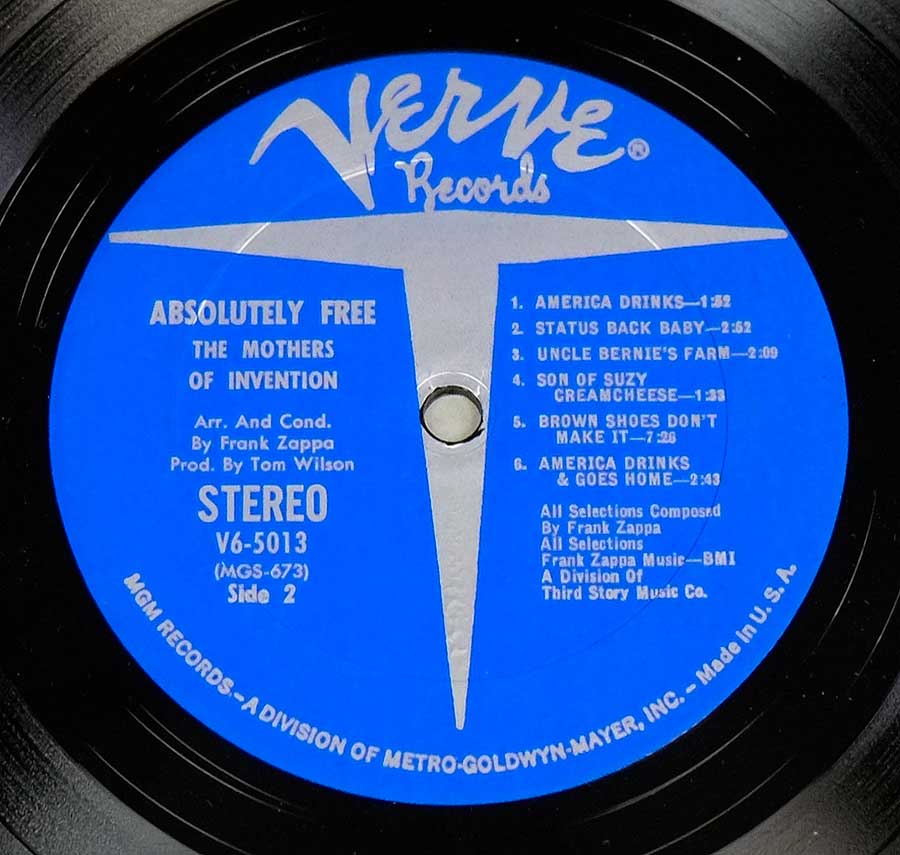 Close up of record's label MOTHERS OF INVENTION - Absolutely Free Side Two