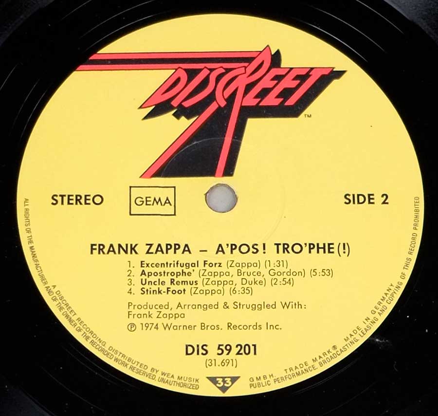 Close up of record's label FRANK ZAPPA APOSTROPHE 12" LP Vinyl Album  Side Two